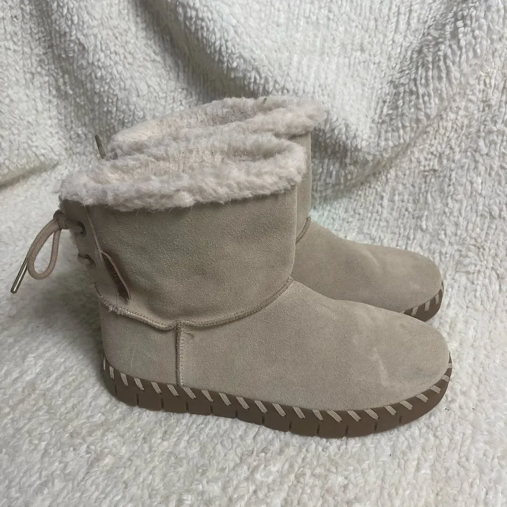 Mukluks leather suede khaki Ankle Boots back lace closure Faux fur lining SZ6.5